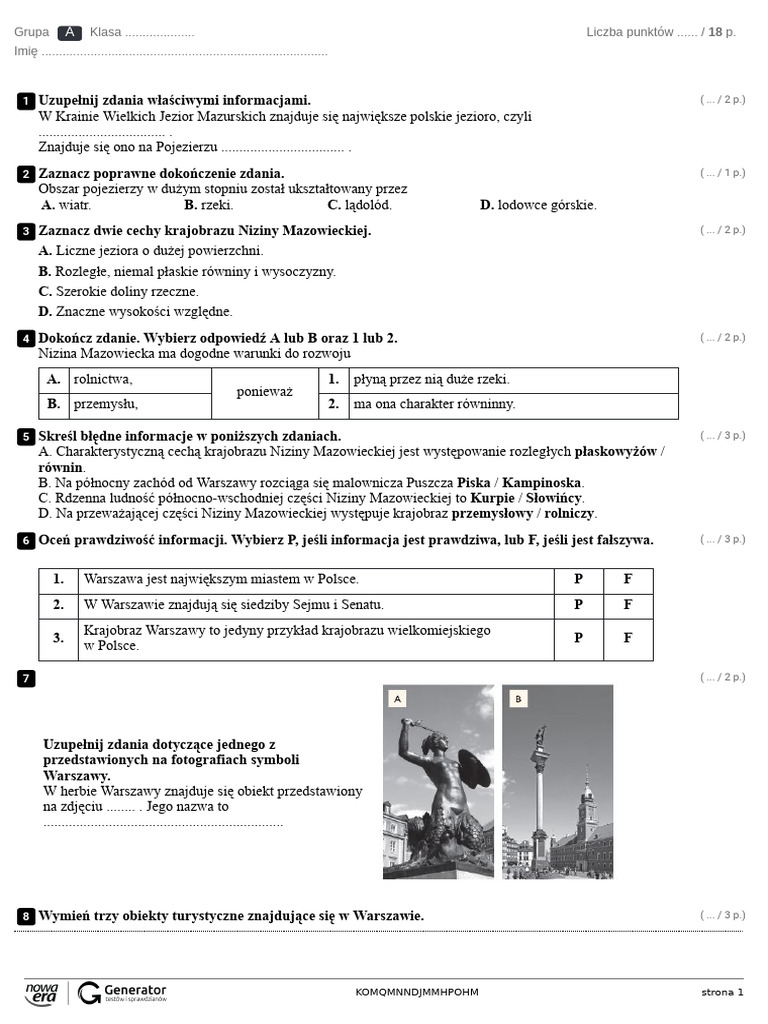 Klasa 5 2025 - 2026kartkówka Test - Ekowydruk | PDF