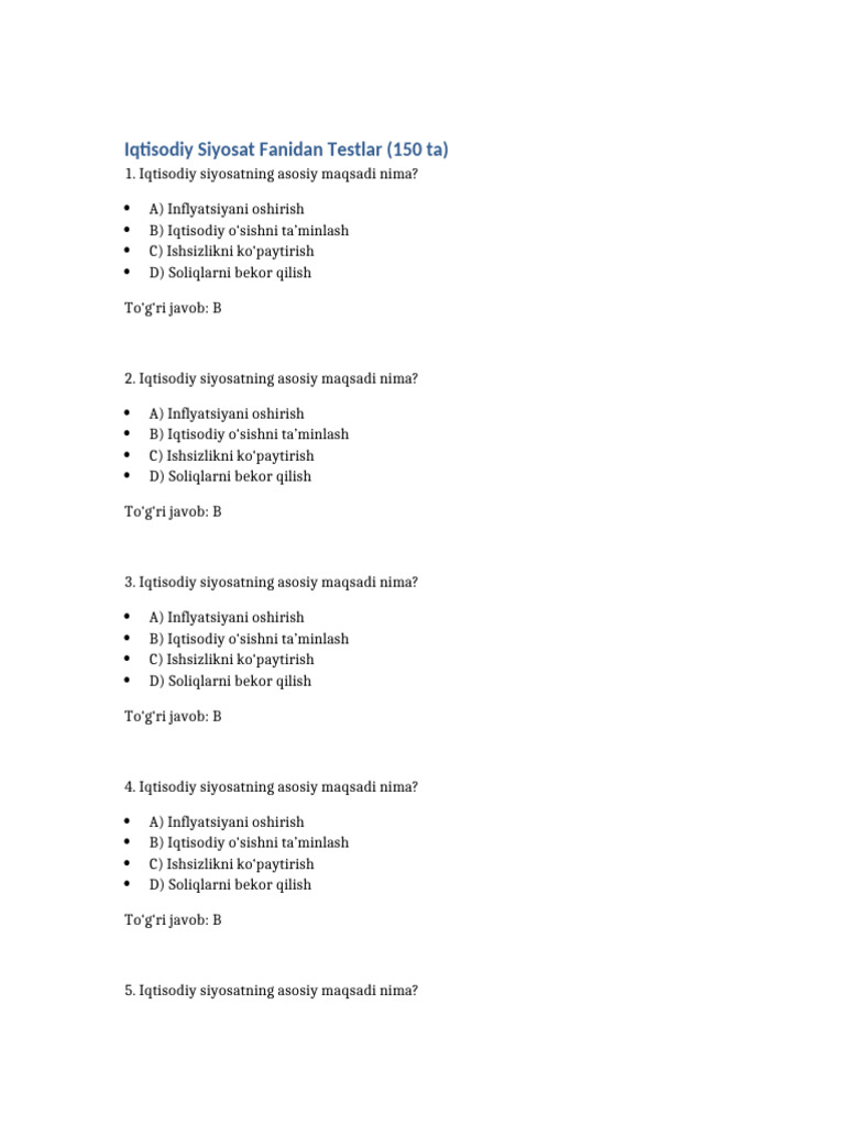 Iqtisodiy Siyosat 150 Test | PDF