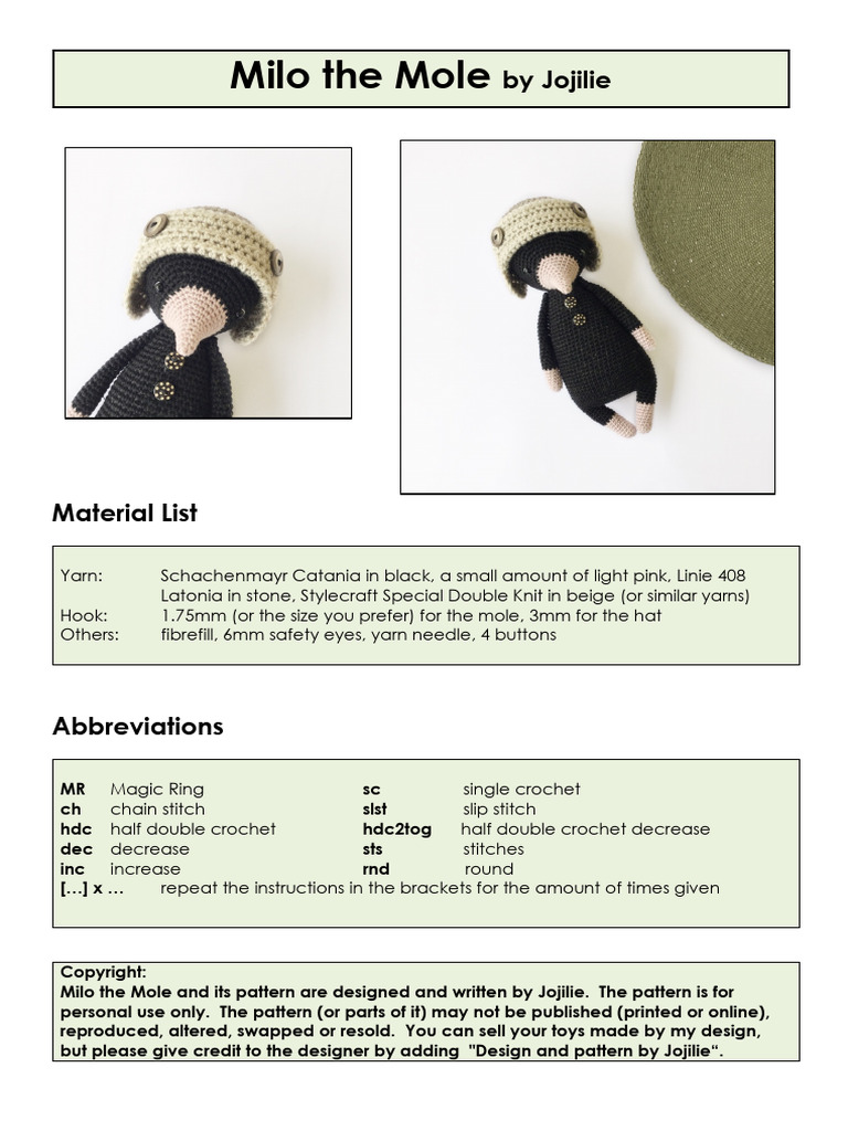 Crochet Milo the Mole Pattern Guide | PDF | Crochet | Yarn