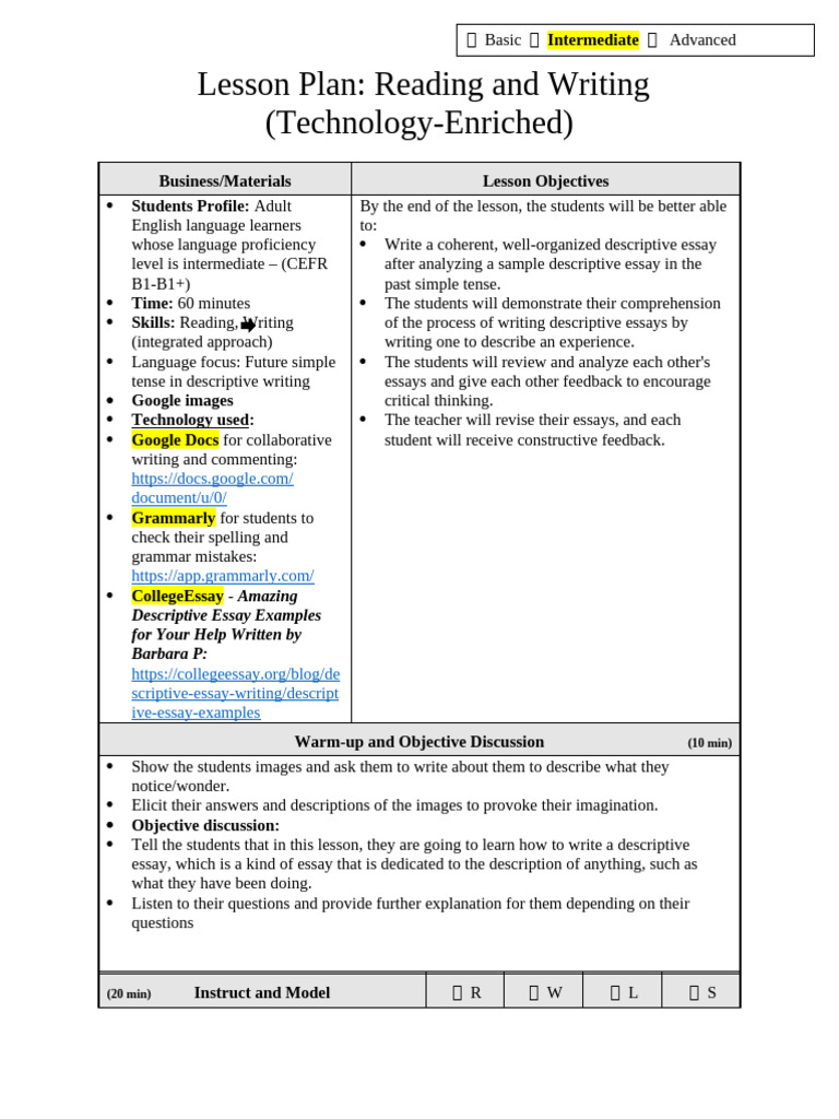 Technology-Enhanced Descriptive Essay Lesson | PDF | Essays | Reading ...