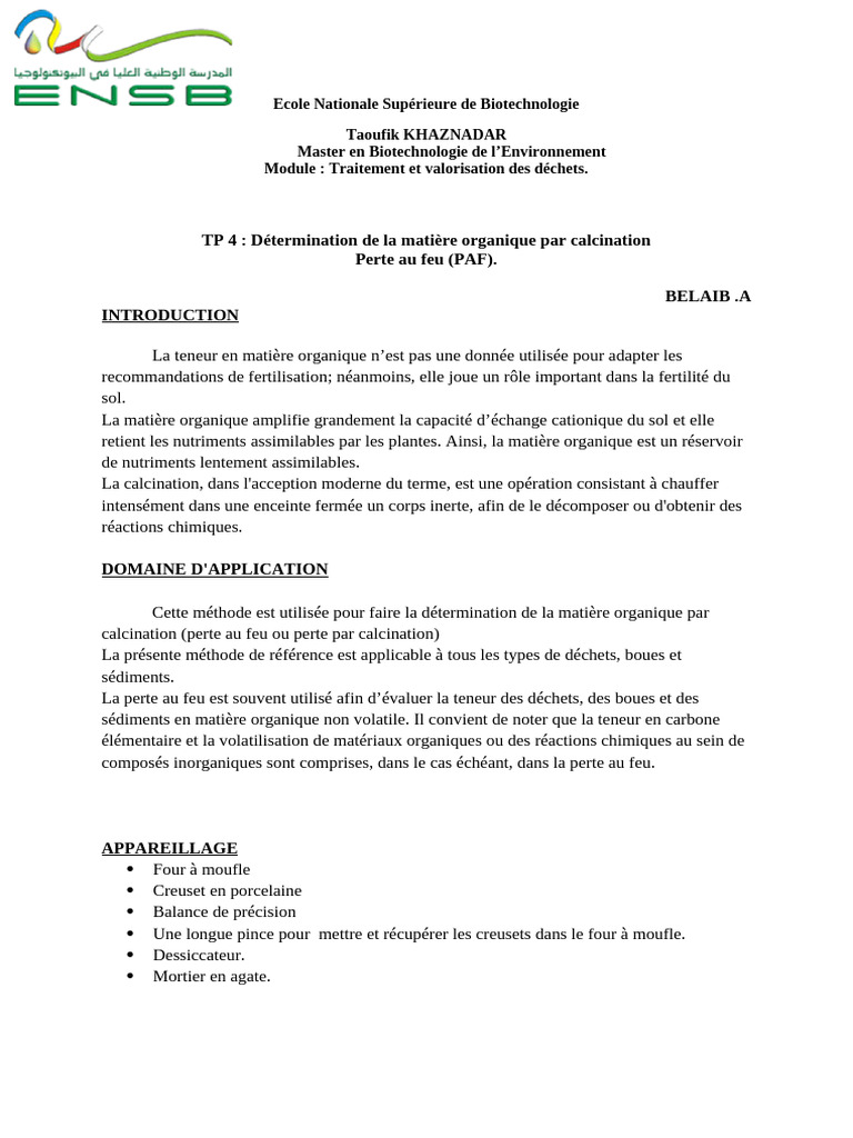 Détermination de la matière organique par calcination | PDF | Matière ...
