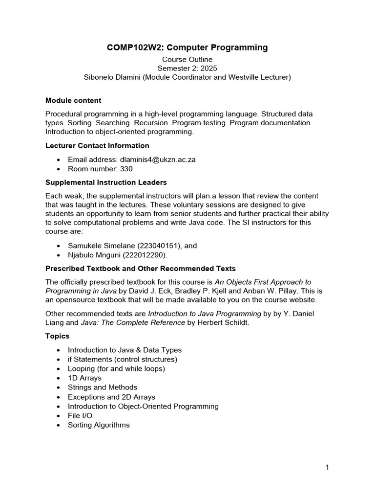 COMP102 Course Outline 2025 2.0 | PDF | Computer Programming | Object ...