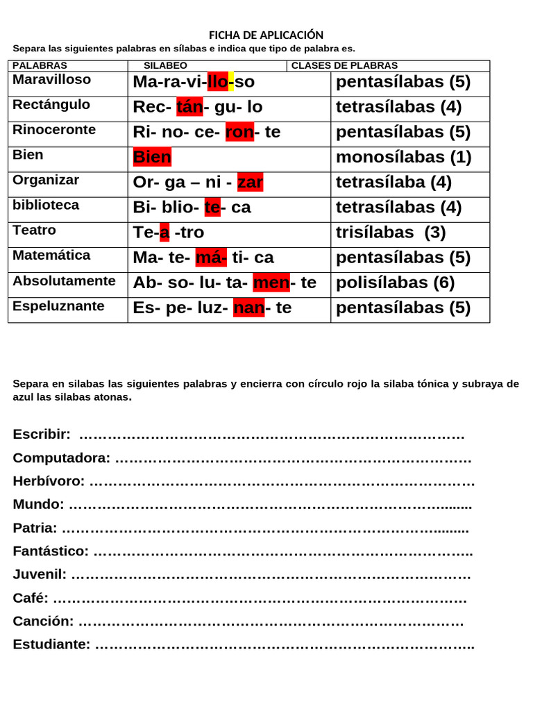FICHA de APLICACIÓN Silabas Tonica y Atonas | PDF
