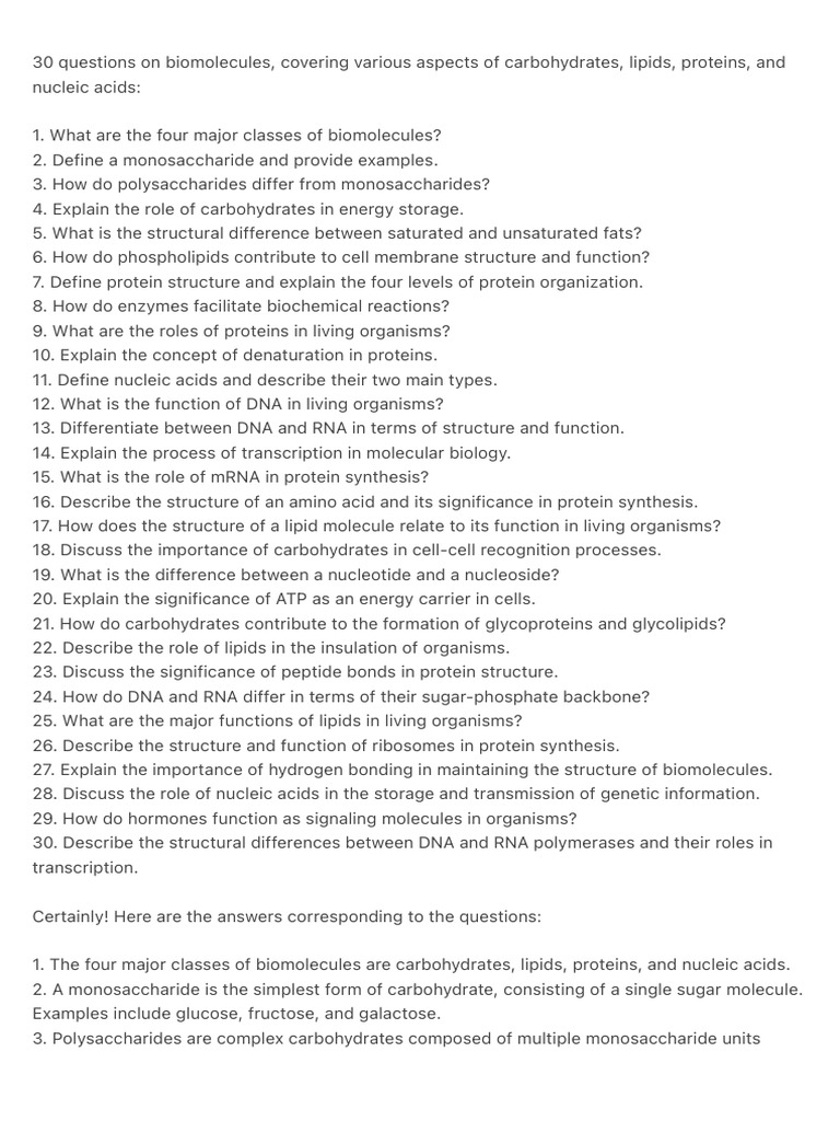 30 Questions On Biomolecules, Covering Various Aspects of Carbohydrates ...
