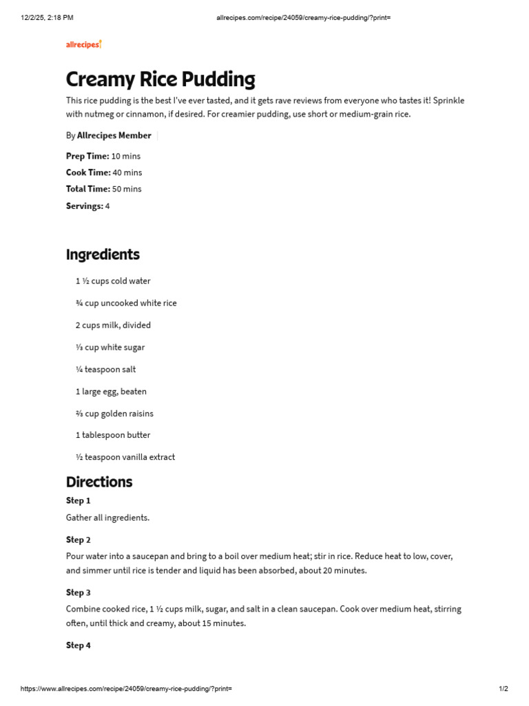 Allrecipes.com Recipe 24059 Creamy-rice-pudding Print= | PDF