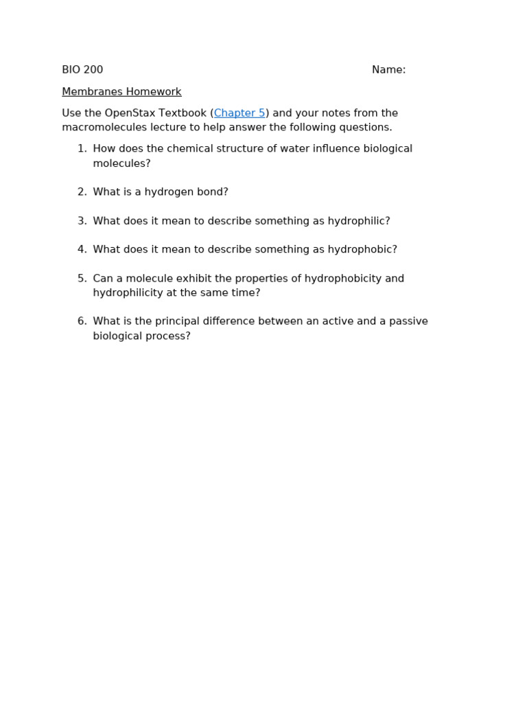 BIO 200 Membranes Homework | PDF