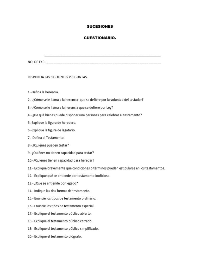 Cuestionario sobre Sucesiones y Testamentos | PDF