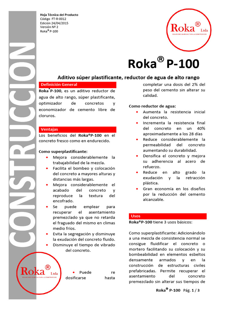 Aditivo Roka® P-100: Superplastificante y Reductor de Agua | PDF ...