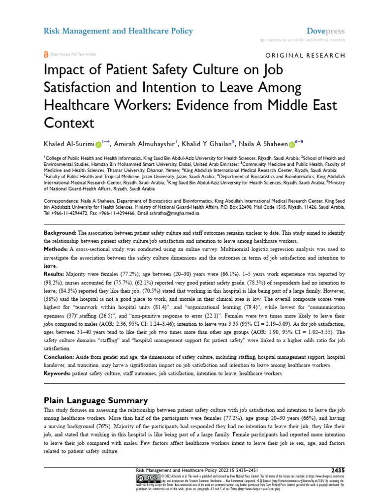 RMHP 390021 Assessing the Impact of Patient Safety Culture on Job ...