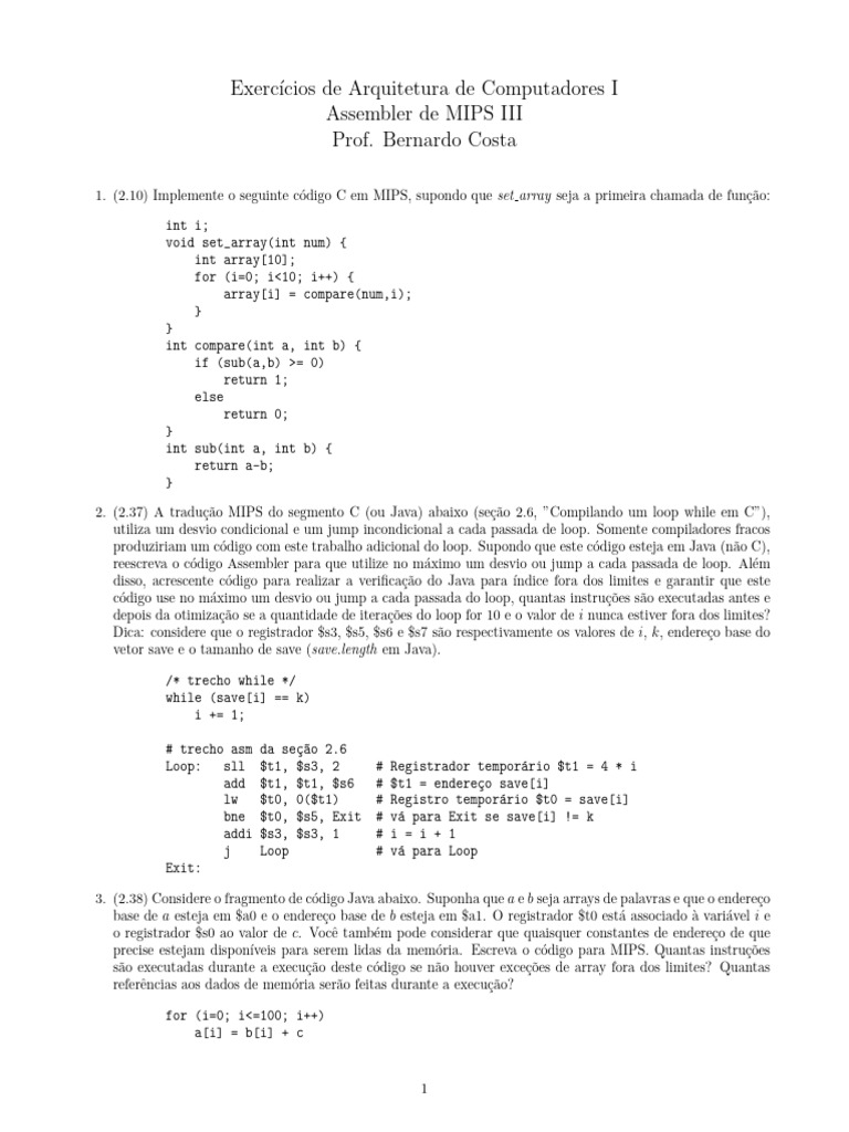 Exercícios de MIPS para Arquitetura de Computadores | PDF | Linguagem ...