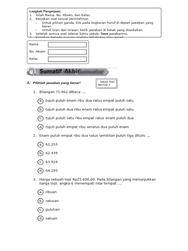 Soal Matematika Kelas 4 Semester 4 | PDF