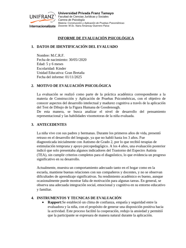 Informe de Evaluación Psicológica Infantil | PDF | Autismo | Cociente ...