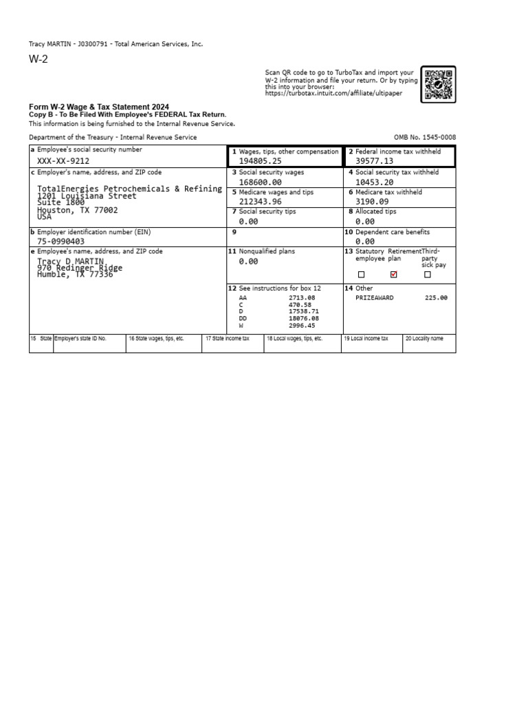 W-2 Wage & Tax Statement 2024 for Tracy Martin | PDF | Social Security ...
