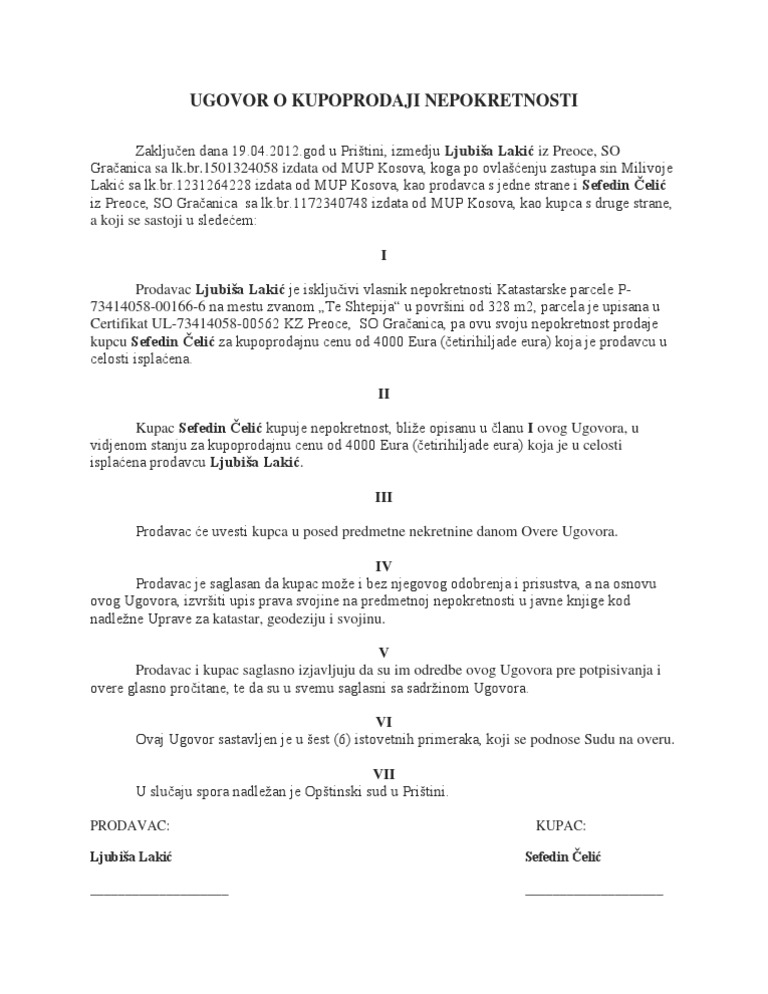 Ugovor o Kupoprodaji Nepokretnosti