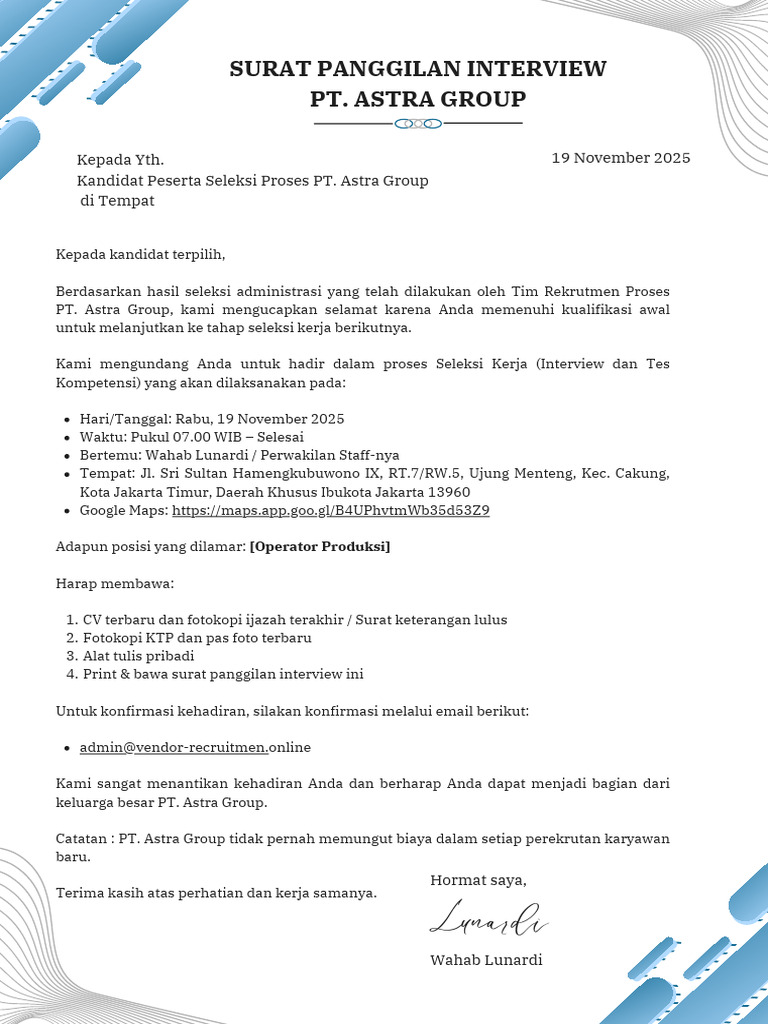 Panggilan Interview PT. Astra Group 2025 | PDF