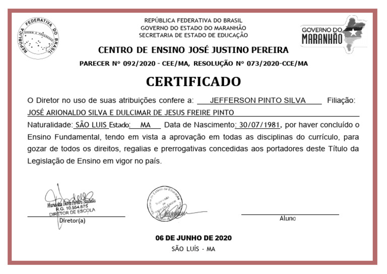 Certificado de Conclusão do Ensino Fundamental | PDF