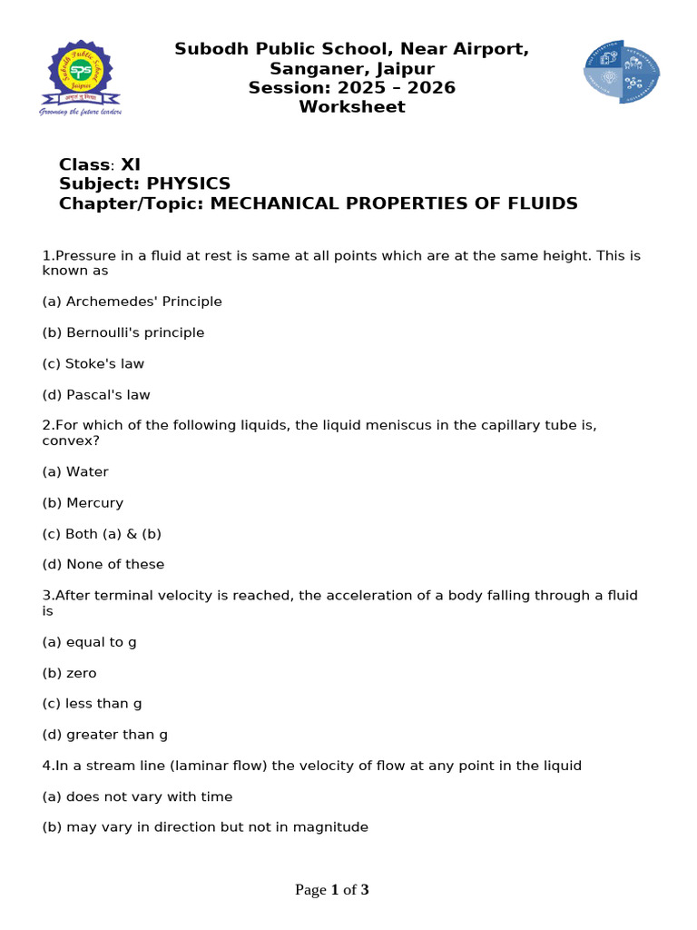 Class XI Physics: Fluid Mechanics Worksheet | PDF | Pressure | Fluid ...