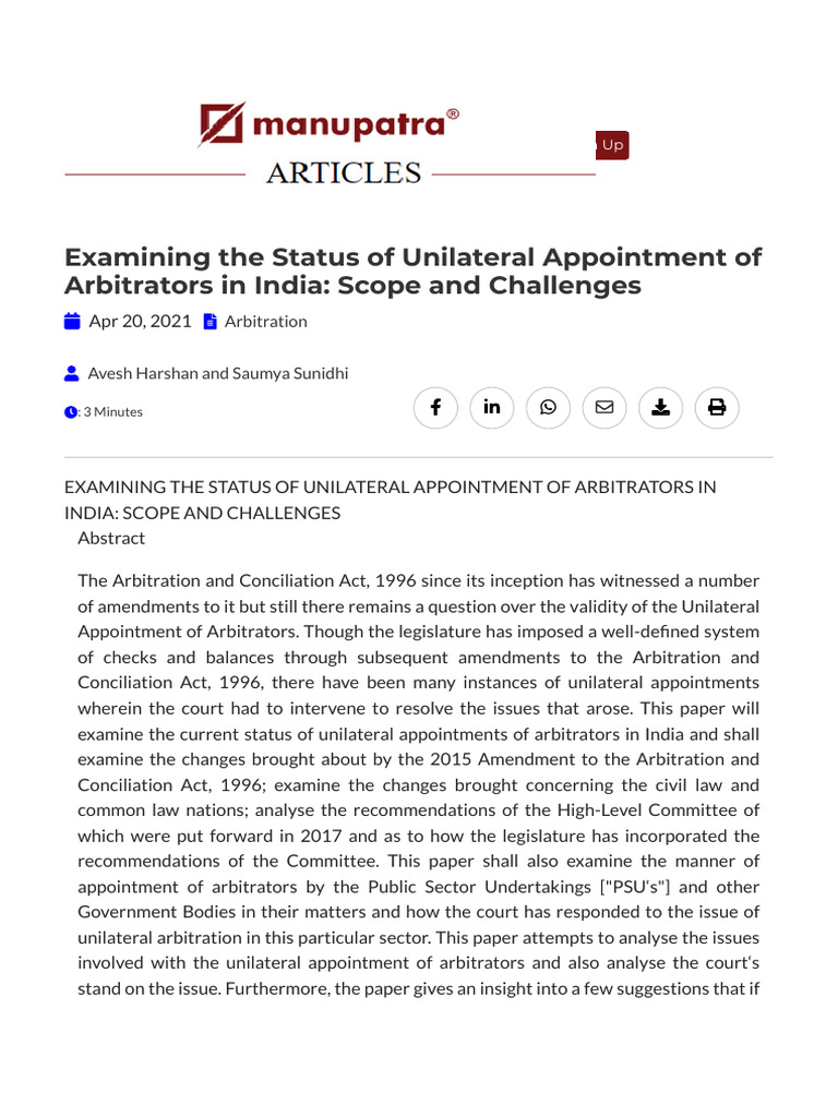 Examining The Status of Unilateral Appointment of Arbitrators in India ...