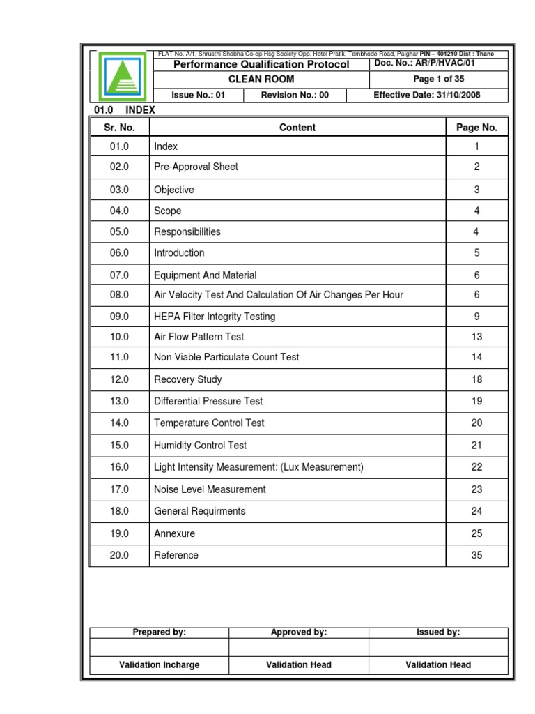 Clean Room Validation Protocol Applied And Interdisciplinary Physics
