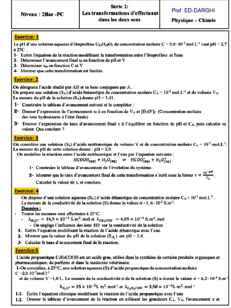 Exercices de chimie : pH et avancement | PDF | Ph | Concentration molaire