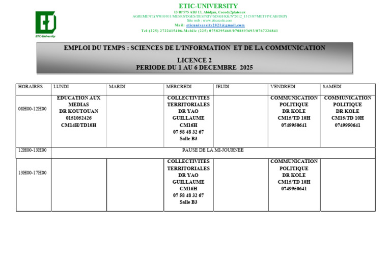 Emploi du temps Licence 2 Communication | PDF