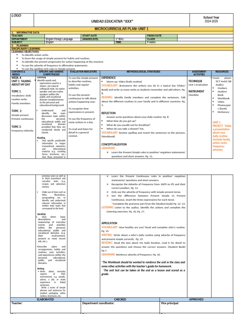 UNIT PLANS 1°BGU LEARDERSHIP | PDF | English Language | Perfect (Grammar)