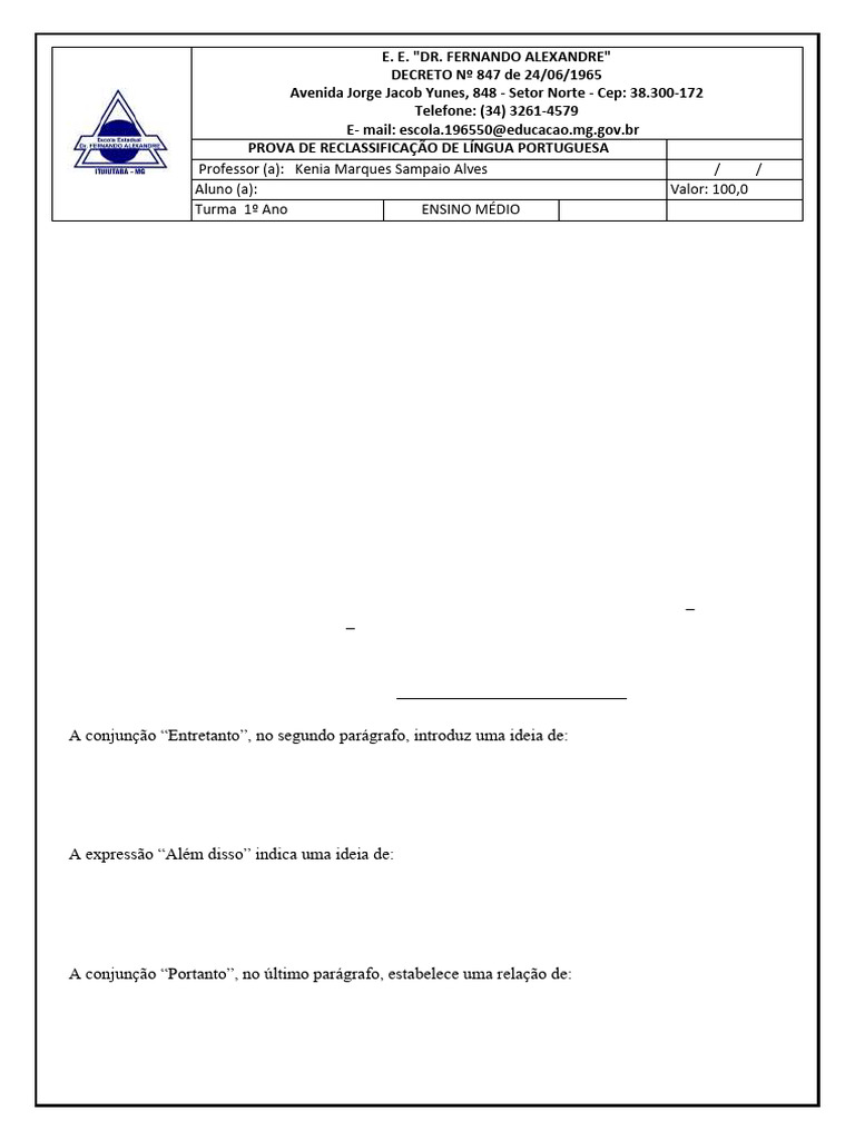 PROVA DE RECLASSIFICAÇÃO DE LÍNGUA PORTUGUESA 1º ANO E. M. 1 2025 | PDF ...