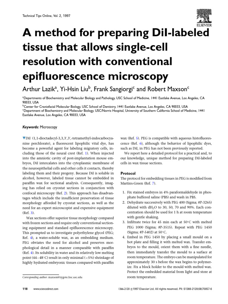 DiI Labeling Protocol for PEG Embedding | PDF | Microscopy | Wax
