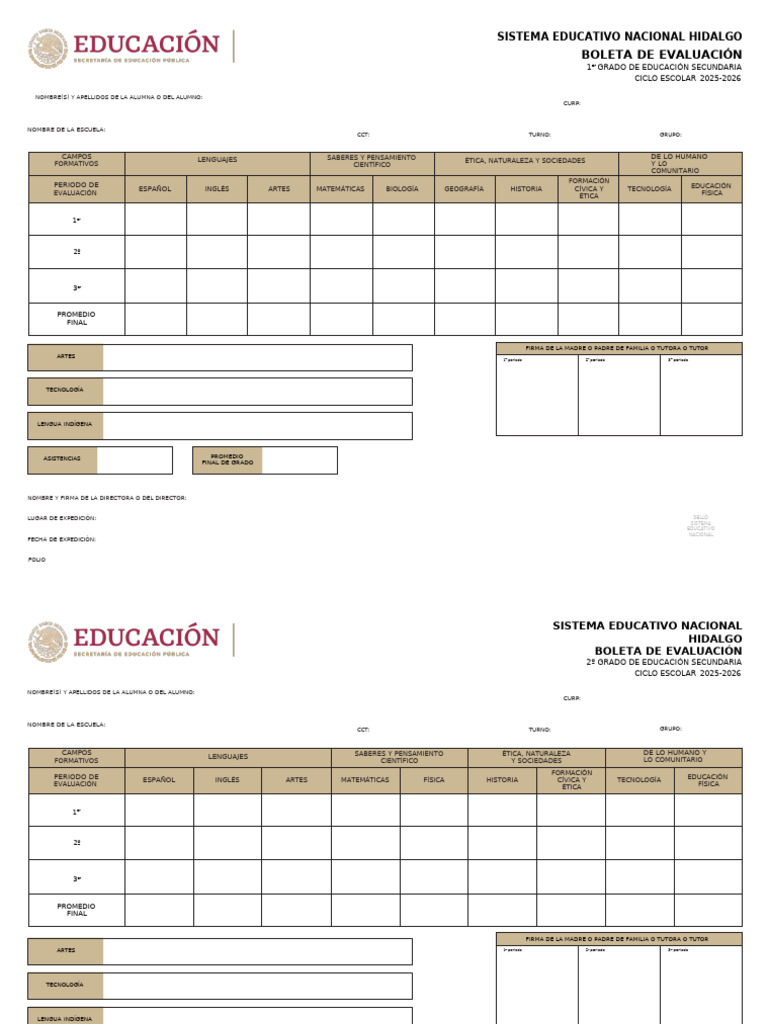 Boletas de Evaluación Secundaria 2025-2026 | PDF | Educación Secundaria ...