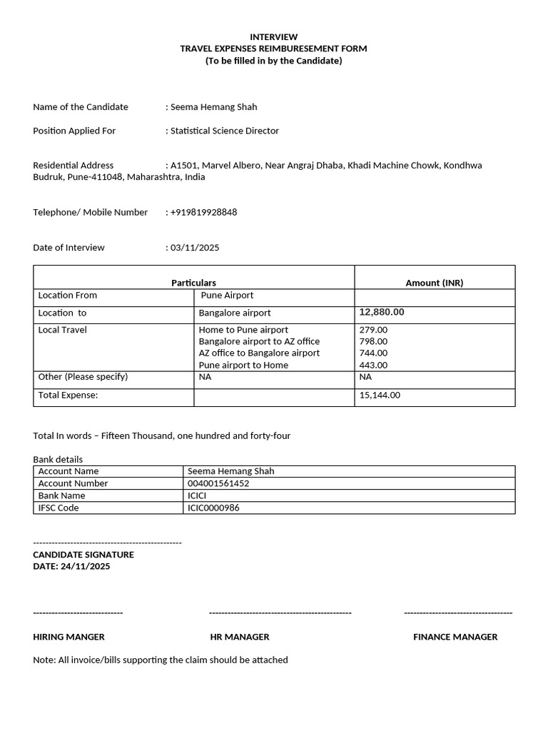 Travel Expense Reimbursement Form | PDF