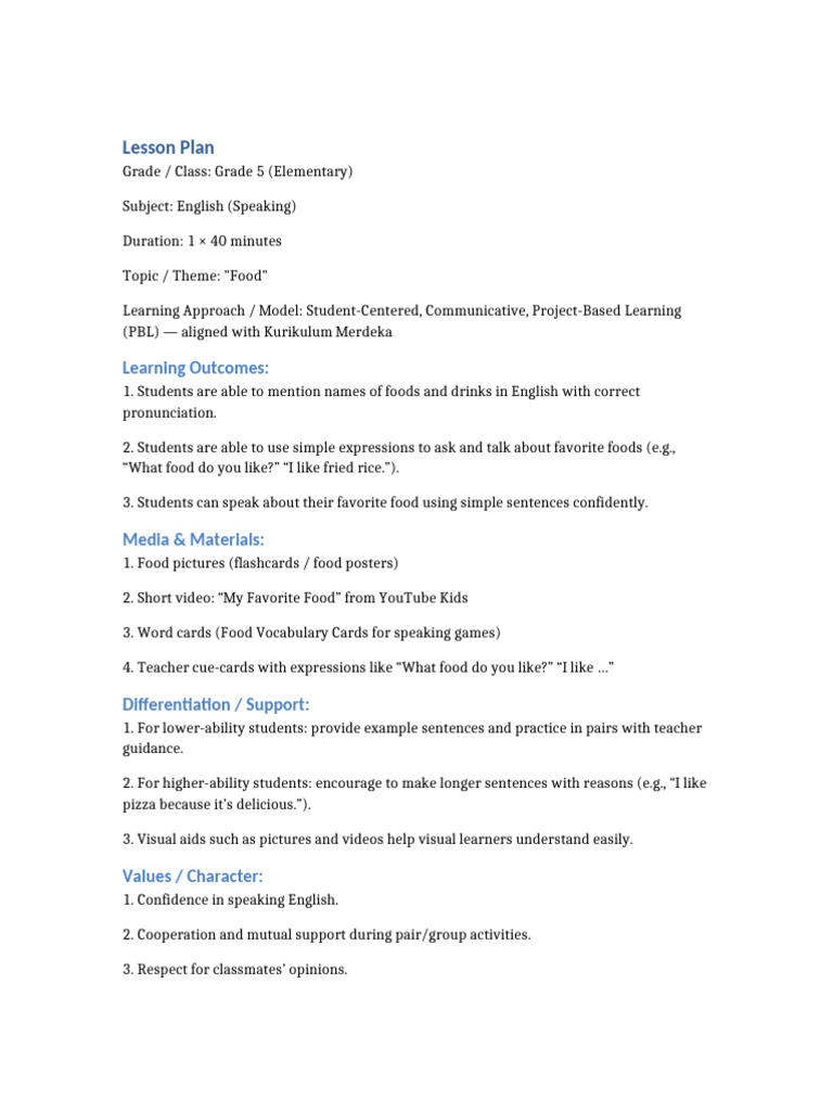 Grade 5 English Lesson Plan: Food Speaking | PDF | English Language ...