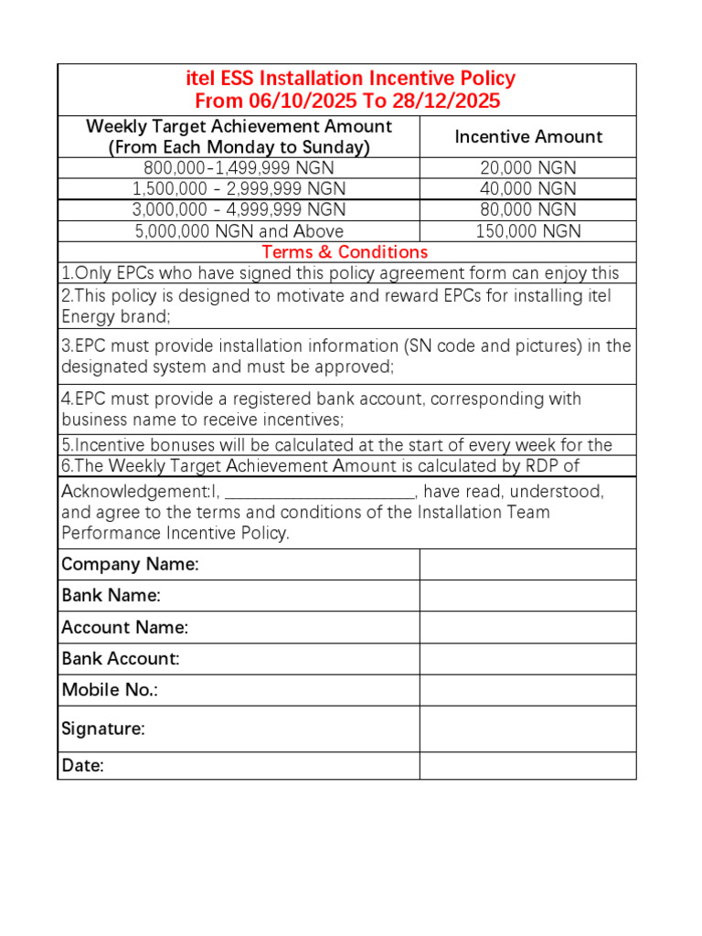 itel ESS Installation Incentive Policy | PDF