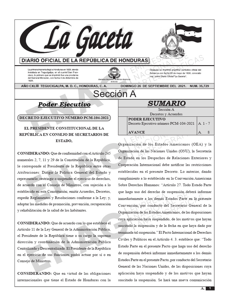 Decreto PCM-104-2021: Restricciones COVID-19 | PDF | Honduras | Derecho ...