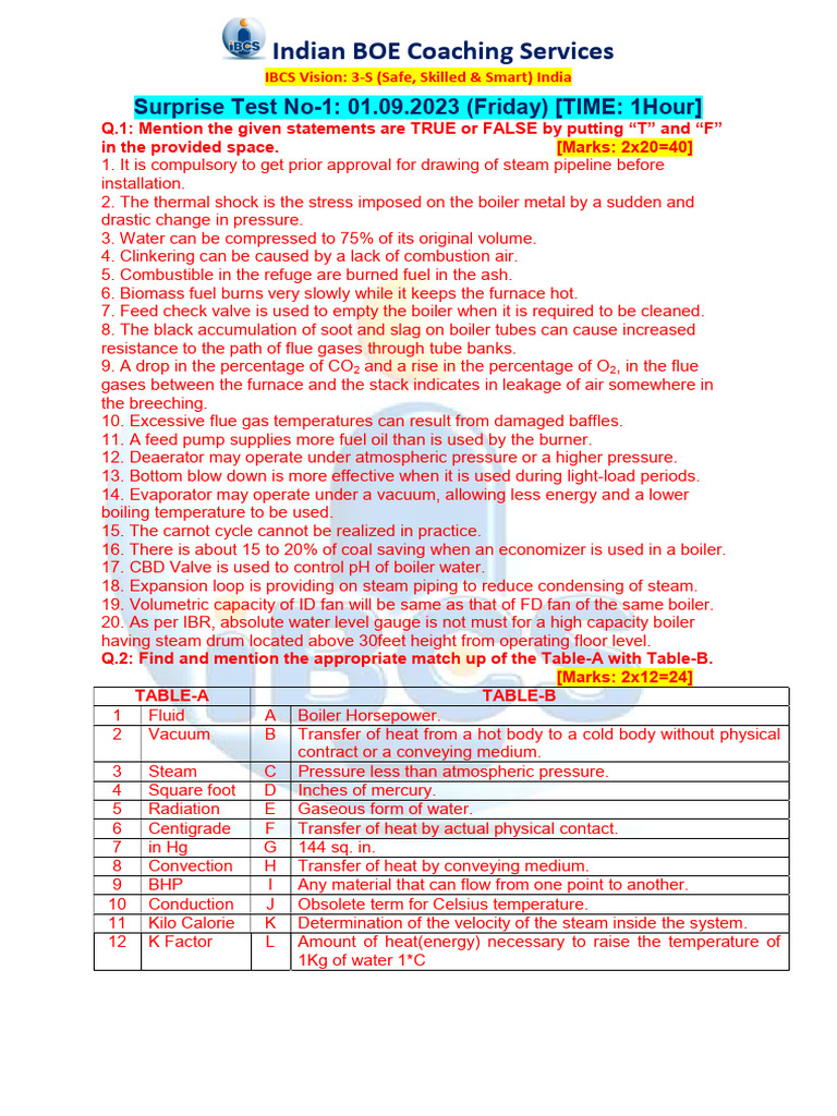 Surprise Test-1 Paper 01092023 - 28582722 | PDF | Boiler | Heat Transfer