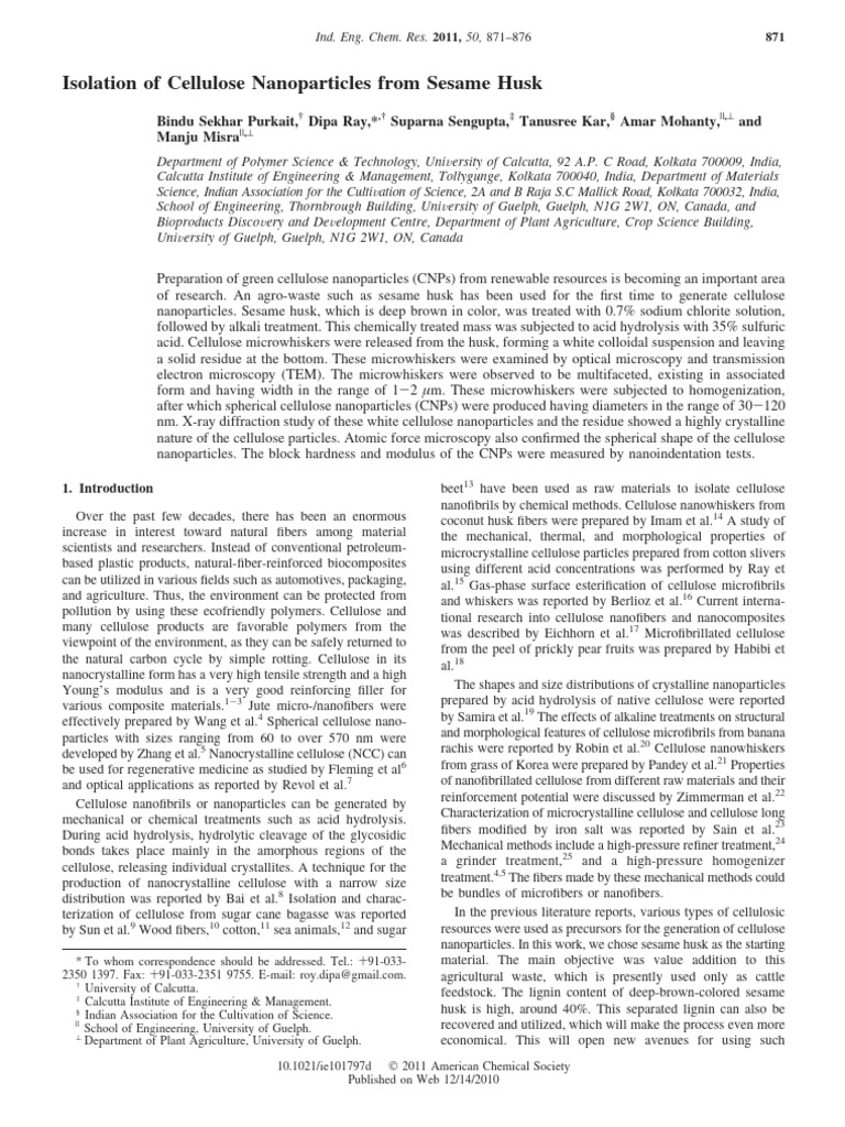 Cellulose Nanoparticles from Sesame Husk | PDF | Nanoparticle ...