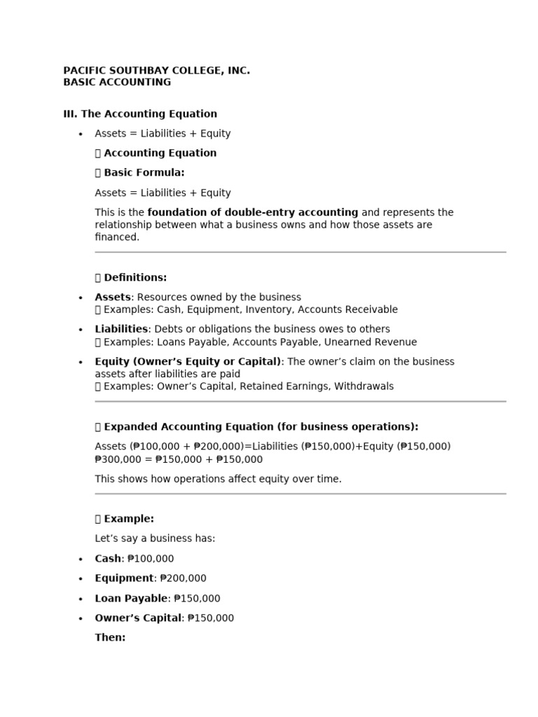 Psci Basic Accounting III. The Accounting Equation | PDF | Equity ...