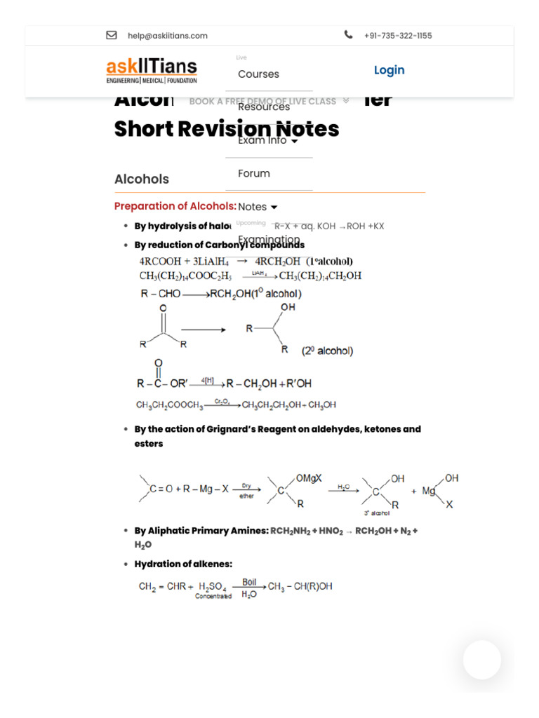 Alcohol, Phenol and Ether Revision Notes | PDF | Ether | Ester
