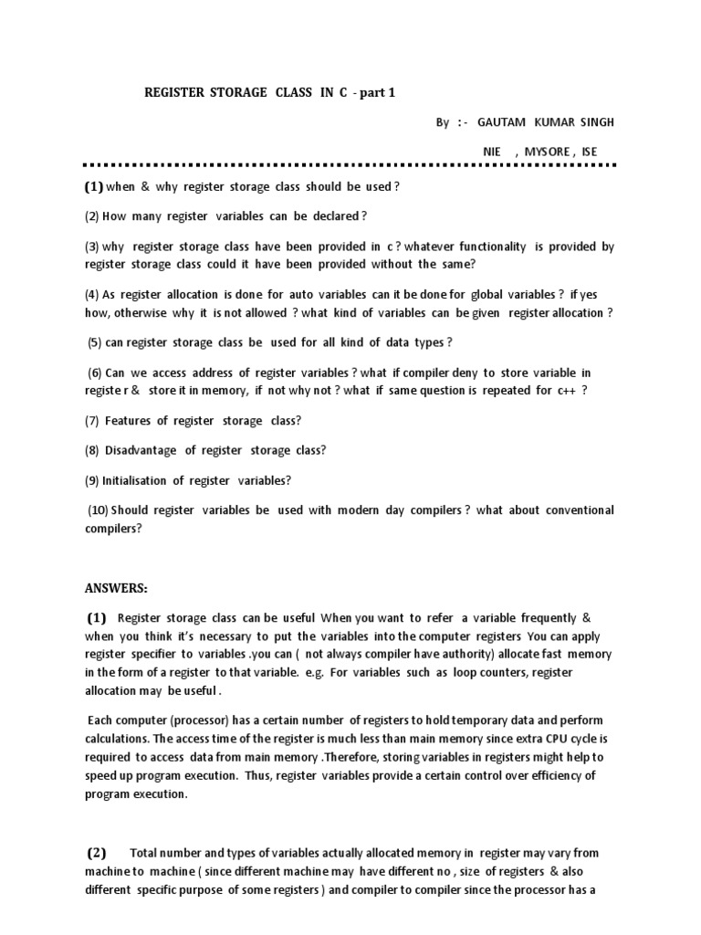 Register Storage Class in C Explained | PDF | Variable (Computer ...