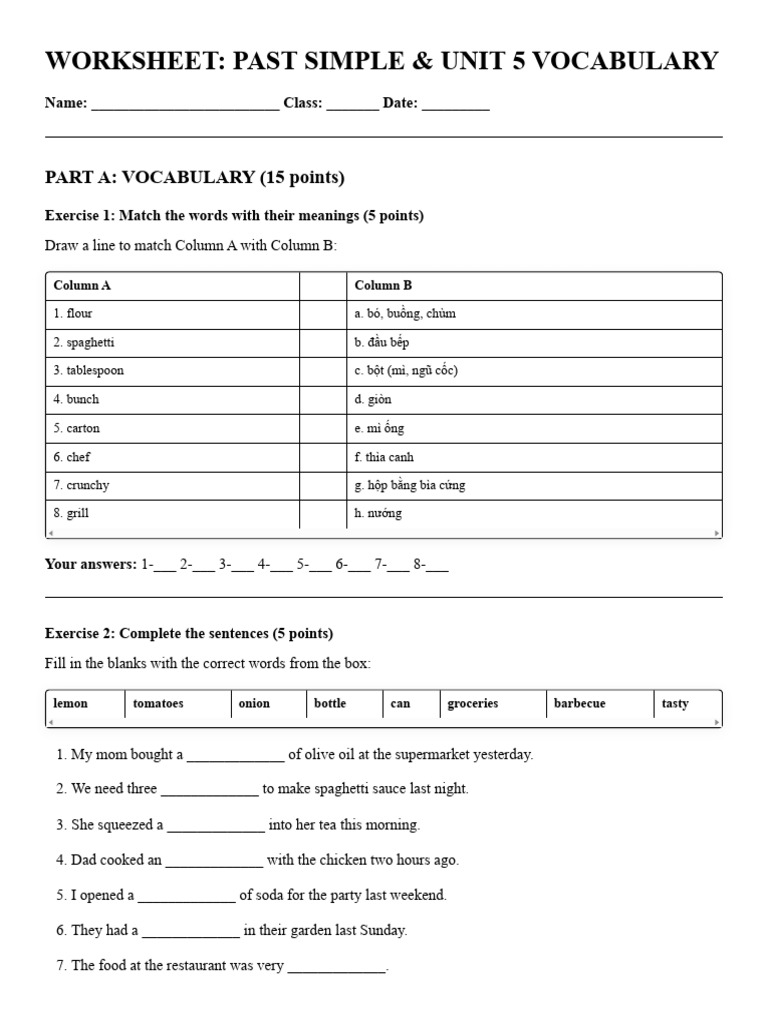 Bài Tập Past Simple & Vocabulary Unit 5 | PDF | Barbecue | Cooking