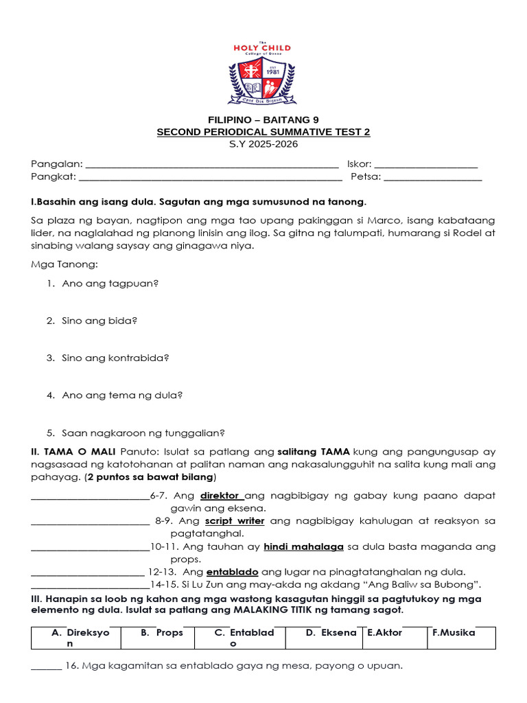 g9 Summative 2 Fil-2nd Periodical | PDF