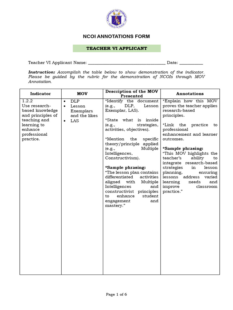 SUGGESTED-NCOI Annotations Form For Teacher VI Applicant | PDF ...