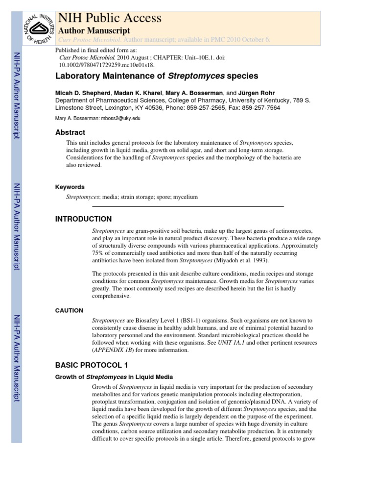 Laboratory Maintenance of Streptomyces Species PDF Growth Medium
