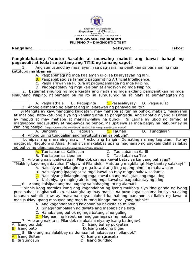 Susi NG Sagot Filipino 7.ikalawang Markahan Dayagnostik 1 | PDF