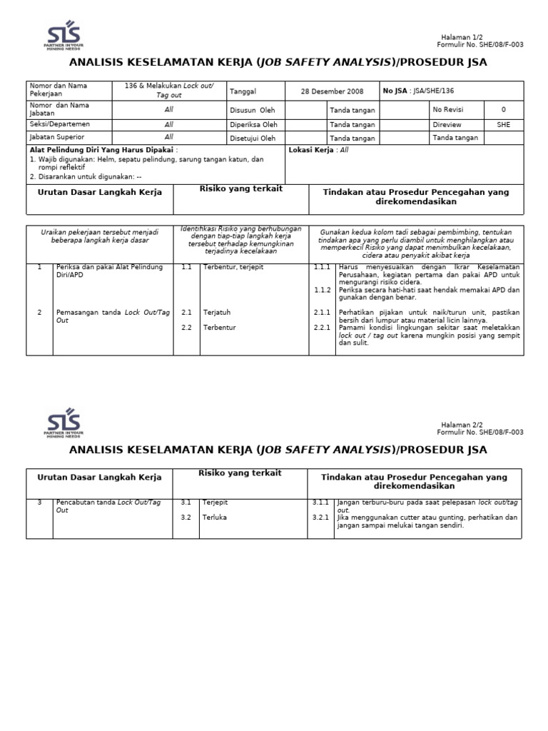 136. JSA Melakukan Lock Out-Tag Out OK | PDF