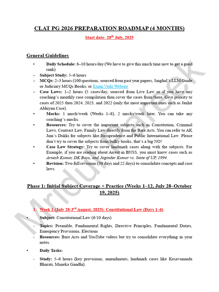 CLAT PG 2026 4-Month Study Plan | PDF | Intellectual Property | Justice
