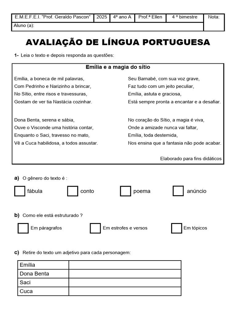 Avaliação de Língua Portuguesa 4º Ano | PDF | Abelhas