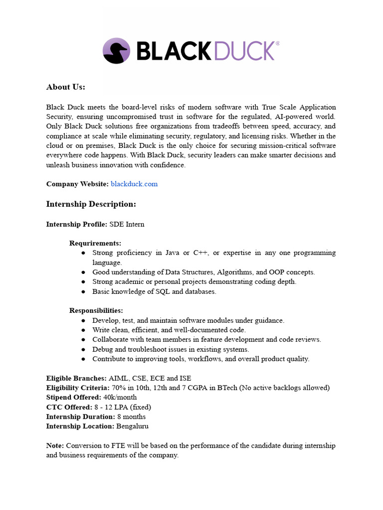 Black Duck SDE Internship Opportunity | PDF