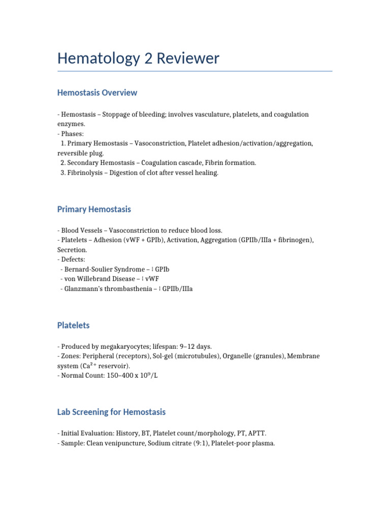 Hemostasis and Coagulation Review Guide | PDF | Coagulation | Platelet