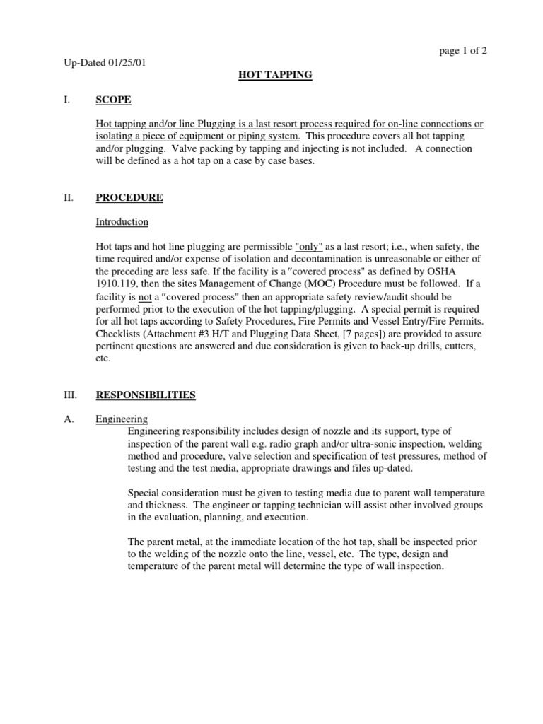 Hot Tap Procedure PDF Welding Construction