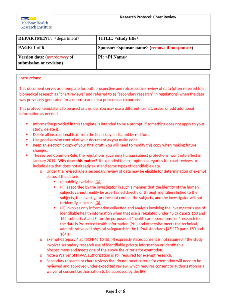 Chart Review Research Protocol Template | PDF | Health Insurance ...